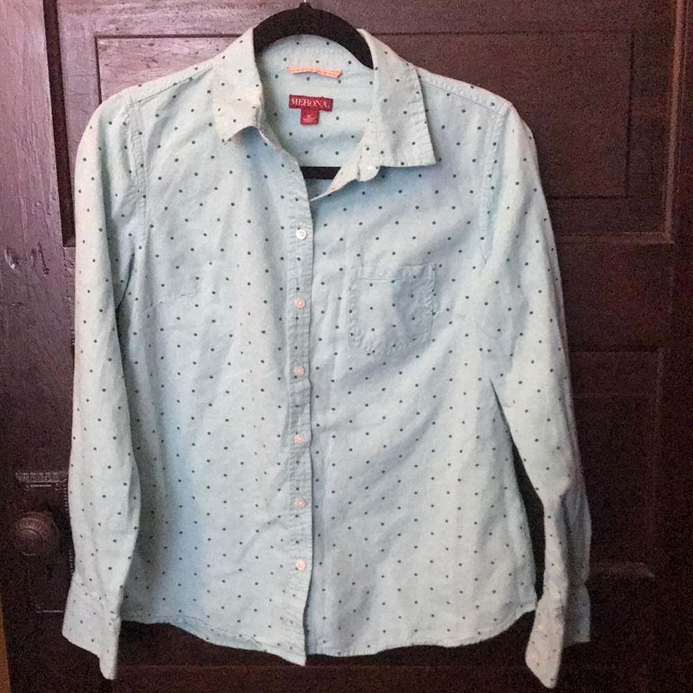 Merona button up long sleeve aqua-colored top. Sz. M